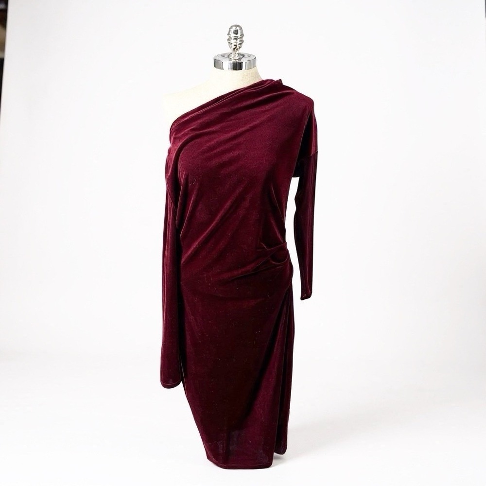 Lauren Ralph Lauren Women 14 NWT Burgundy Red Velvet Pleated One-Shoulder‎ Dress